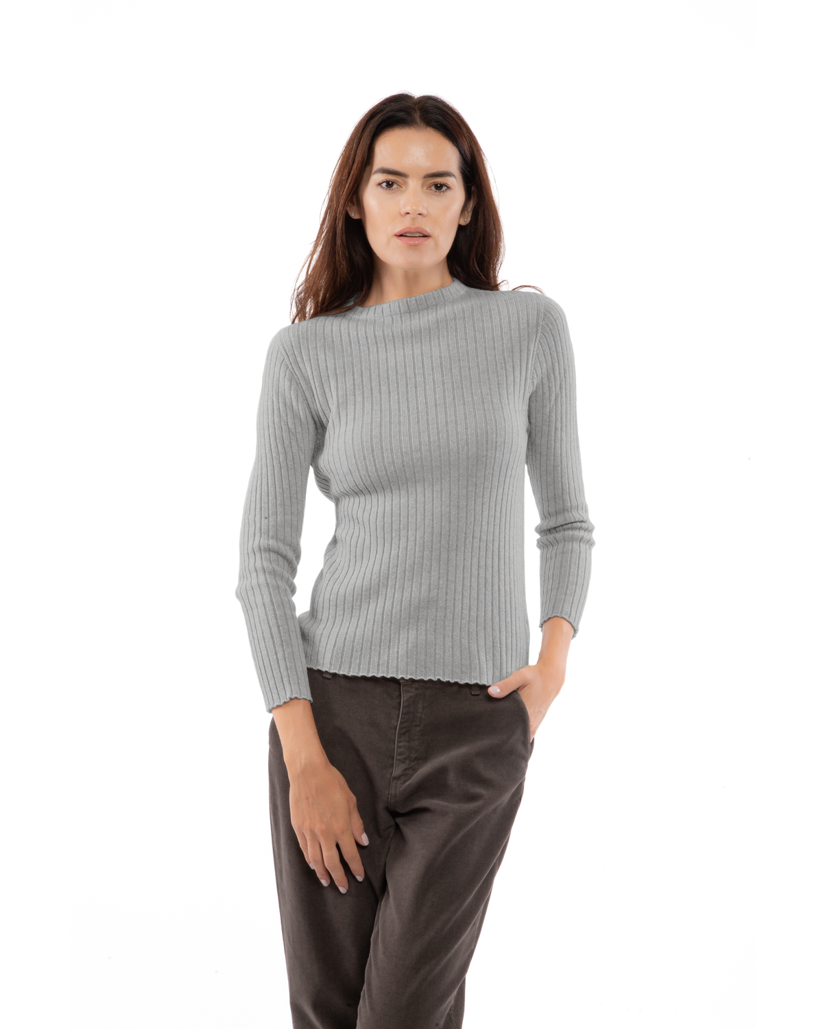 Women's Cashmere Vertical Rib Crewneck Sweater Melange Gray — view 1
