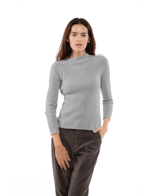 Melange gray cashmere ribbed crewneck sweater, shown from the front on a model.