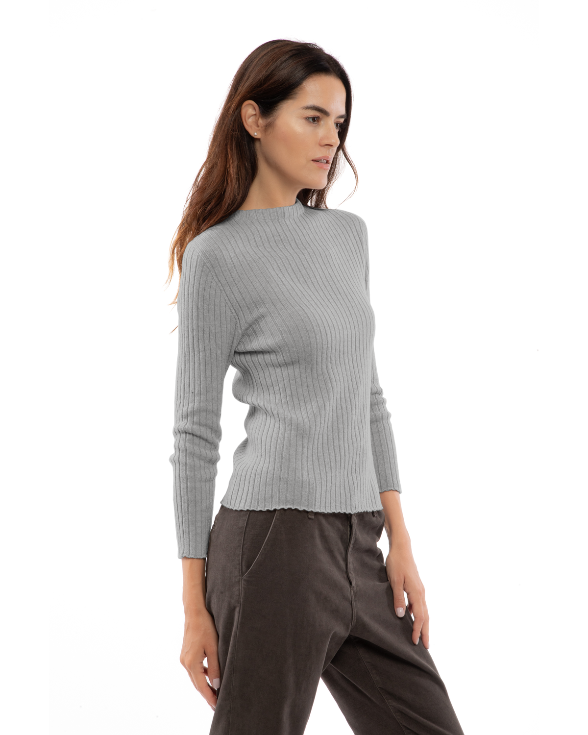 Women's Cashmere Vertical Rib Crewneck Sweater Melange Gray — view 3