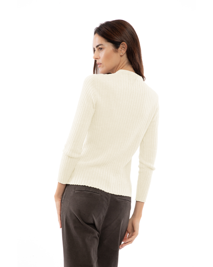 Back view of a model wearing a cashmere vertical rib crewneck sweater in milk white