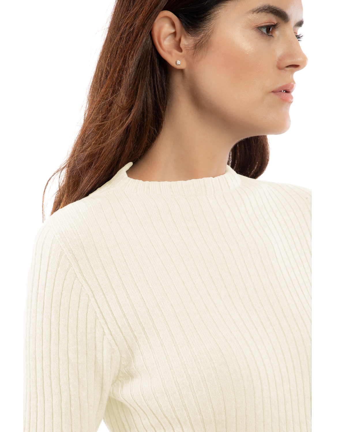 Close-up of milk white cashmere ribbed crewneck sweater, showing ribbed neckline.