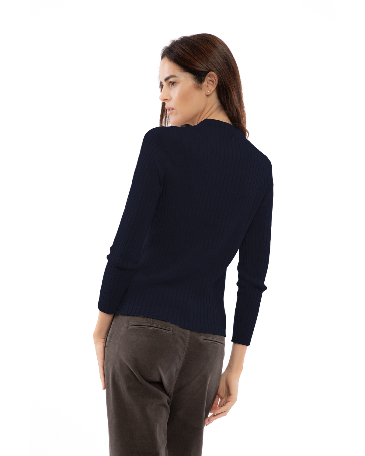 Back view of the night blue cashmere vertical-rib crewneck sweater