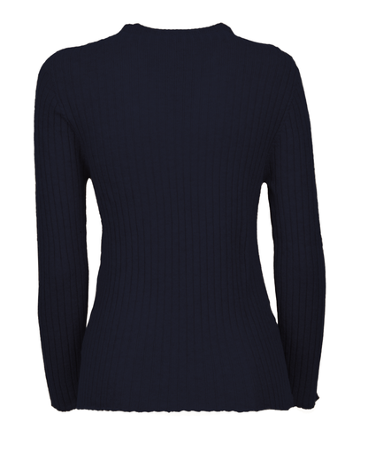 Cashmere vertical rib crewneck sweater in night blue, back view