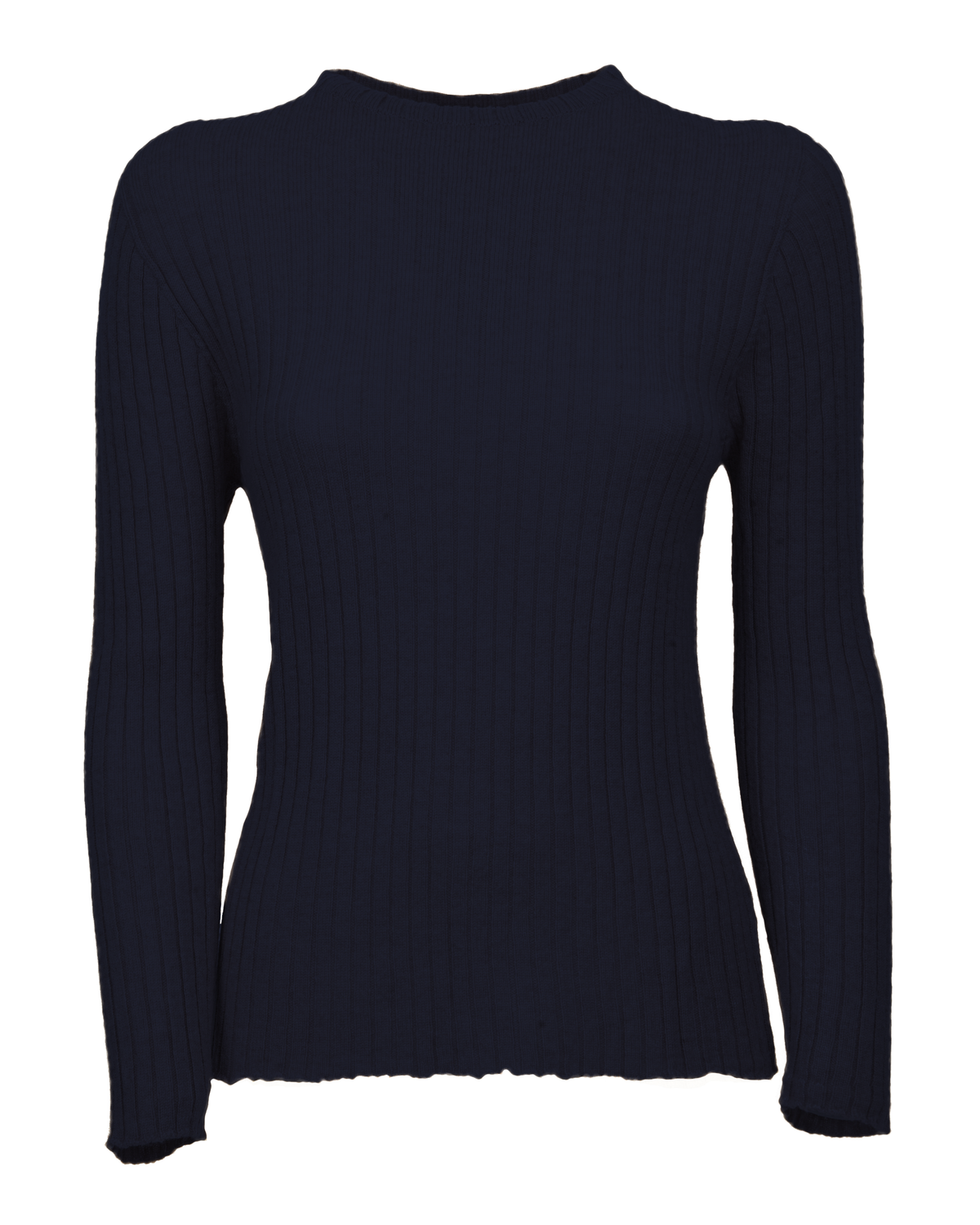Night blue cashmere vertical rib crewneck sweater, front view.
