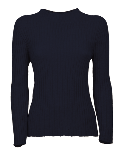 Night blue cashmere vertical rib crewneck sweater, front view.