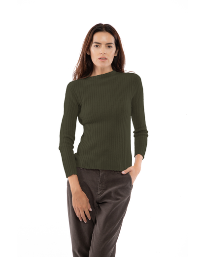 Front view of the olive green cashmere vertical-rib crewneck sweater