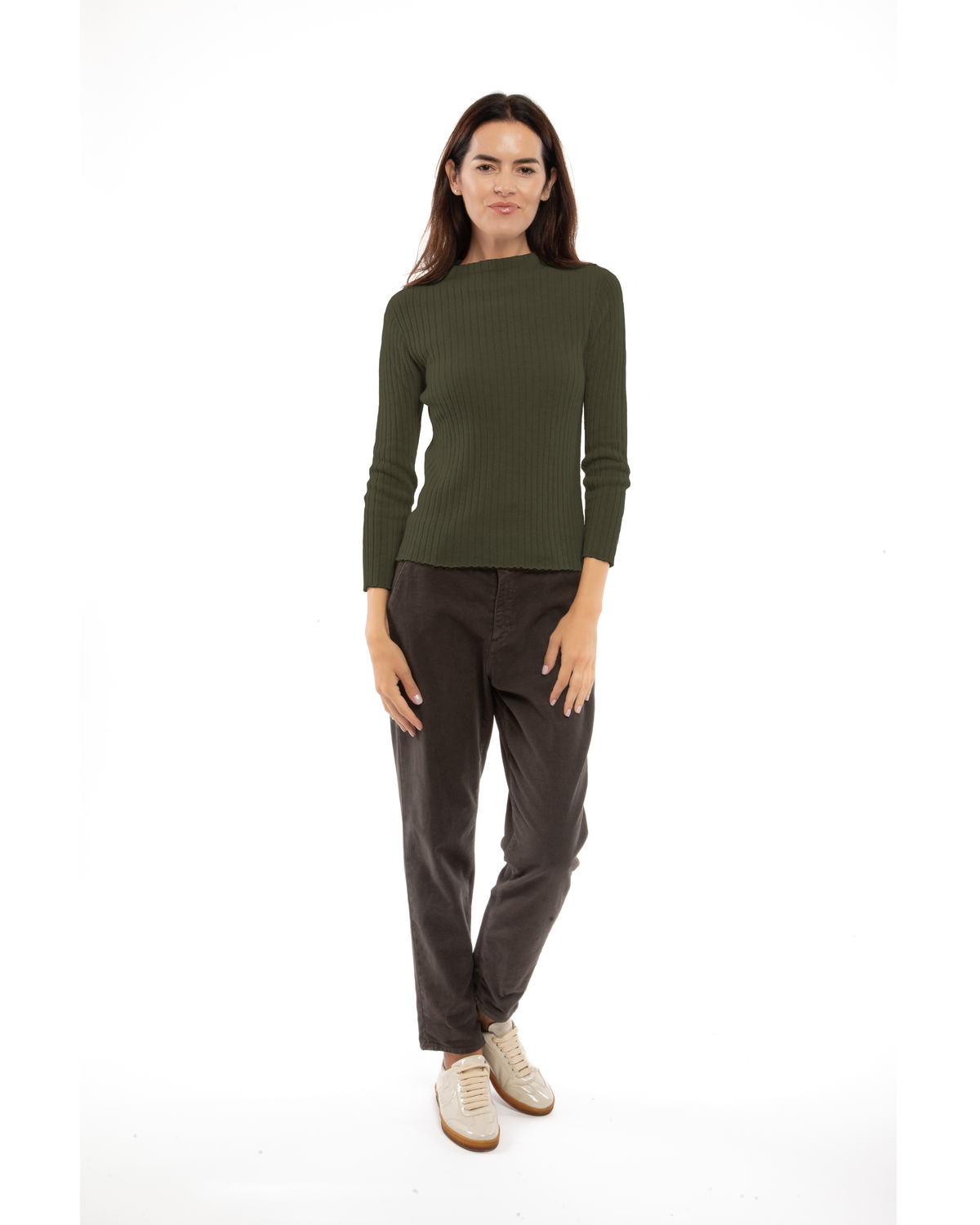 Olive green cashmere vertical rib crew-neck sweater, front view on a model