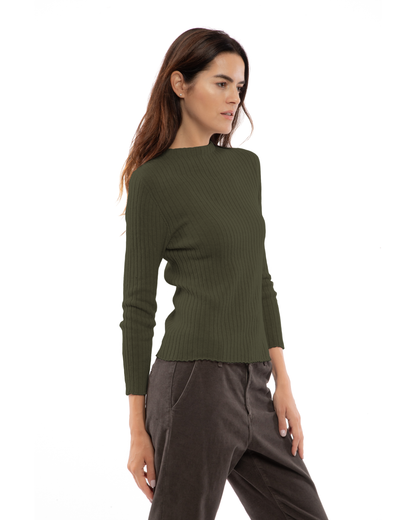 Olive green cashmere vertical rib crewneck sweater, three-quarter view on a model.