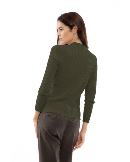 Back view of a model wearing a cashmere vertical rib crewneck sweater in olive green