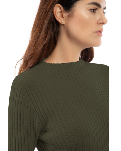 Close-up of olive green cashmere ribbed crewneck sweater, showing ribbed neckline.