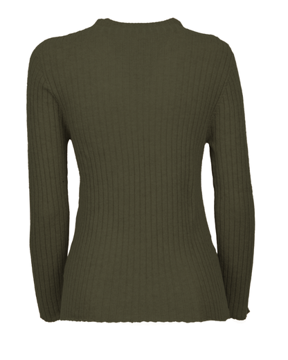 Olive green cashmere vertical rib crew-neck sweater, back view laid flat