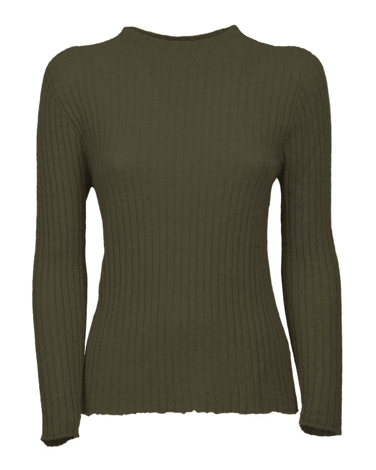 Olive green cashmere crewneck sweater displayed to show its vertical ribbing