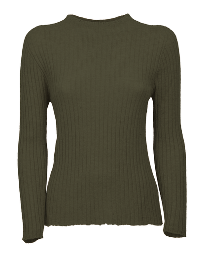 Olive green cashmere crewneck sweater displayed to show its vertical ribbing