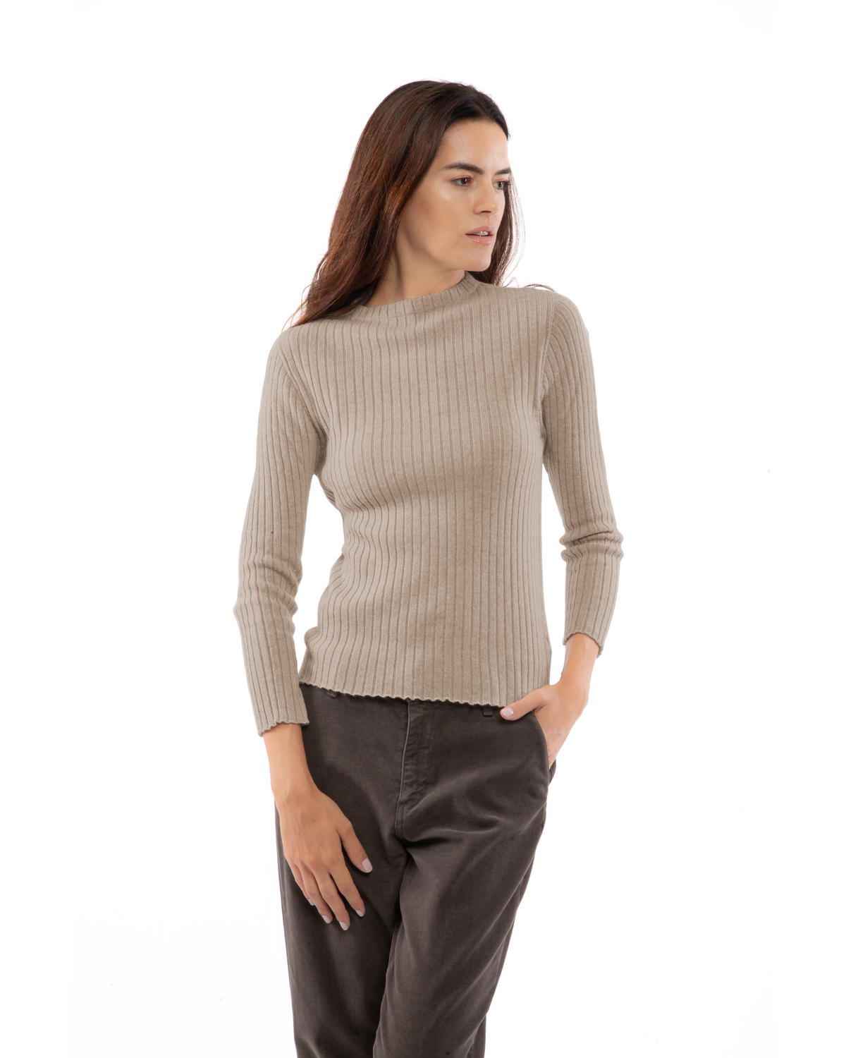 Women's Cashmere Vertical Rib Crewneck Sweater Taupe — view 1