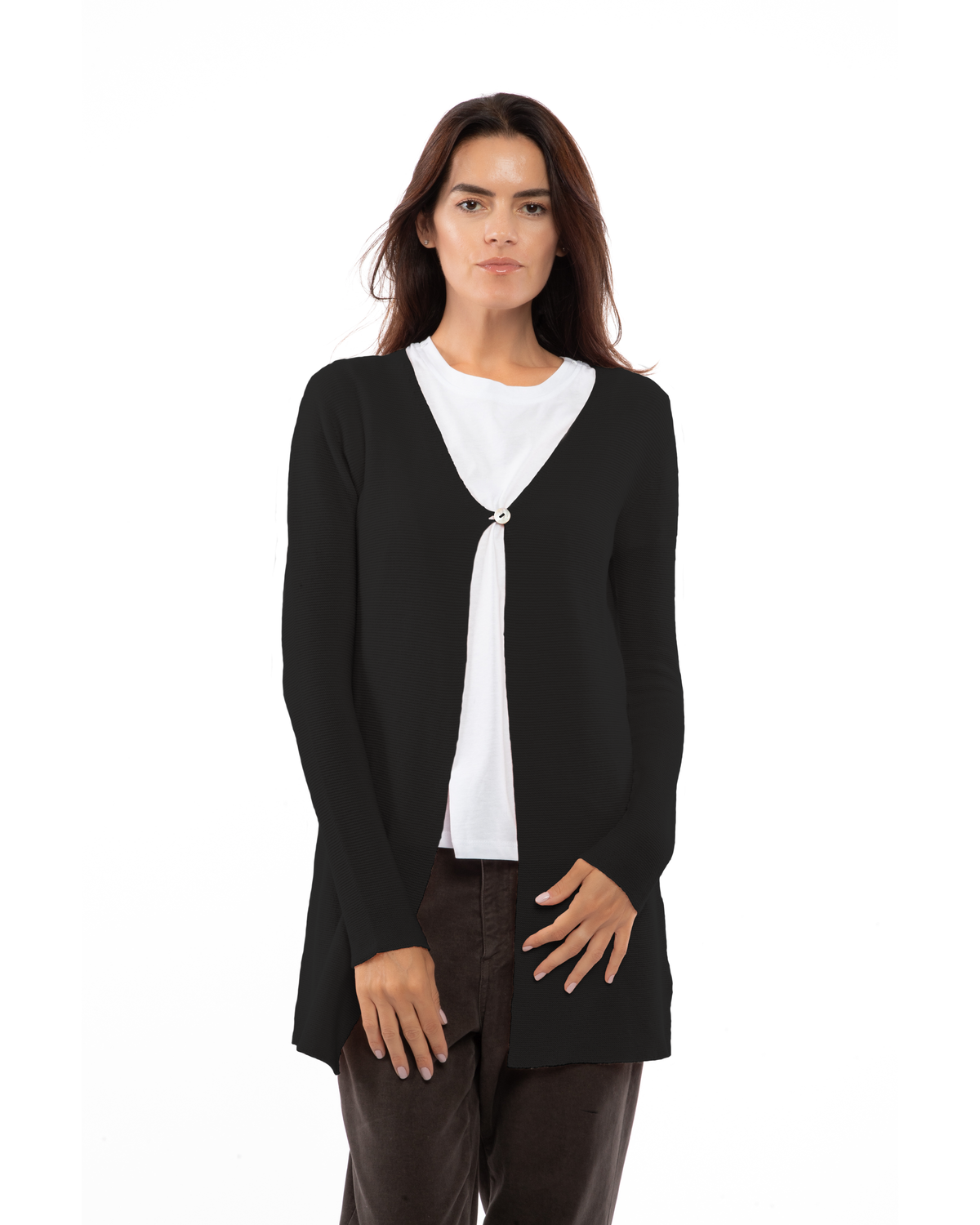 Women's cashmere links stitch duster cardigan in Black, front portrait view on model