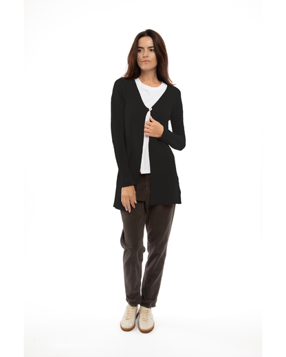 Women's cashmere links stitch duster cardigan in Black, full-length front view on model