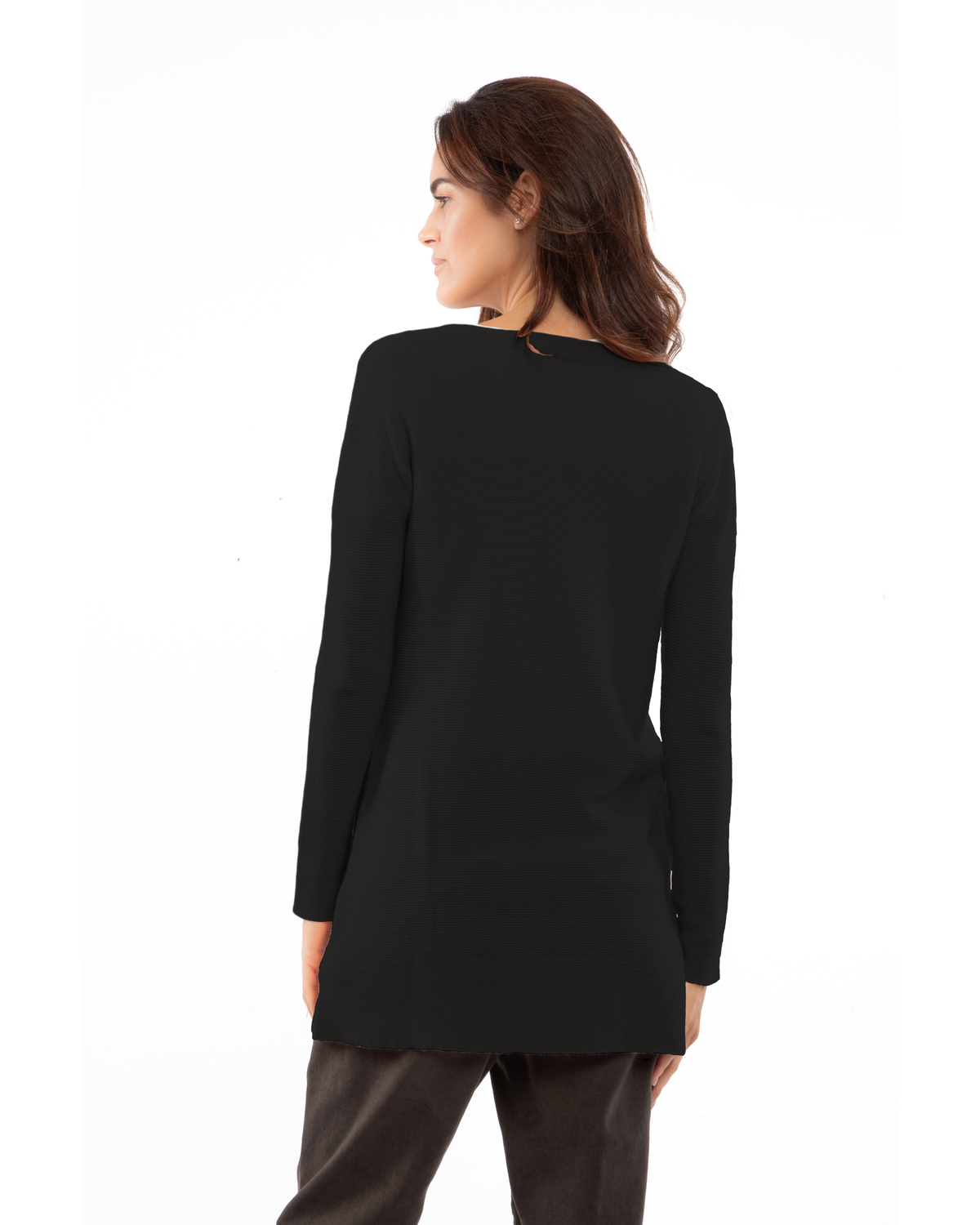 Women's cashmere links stitch duster cardigan in Black, back view on model