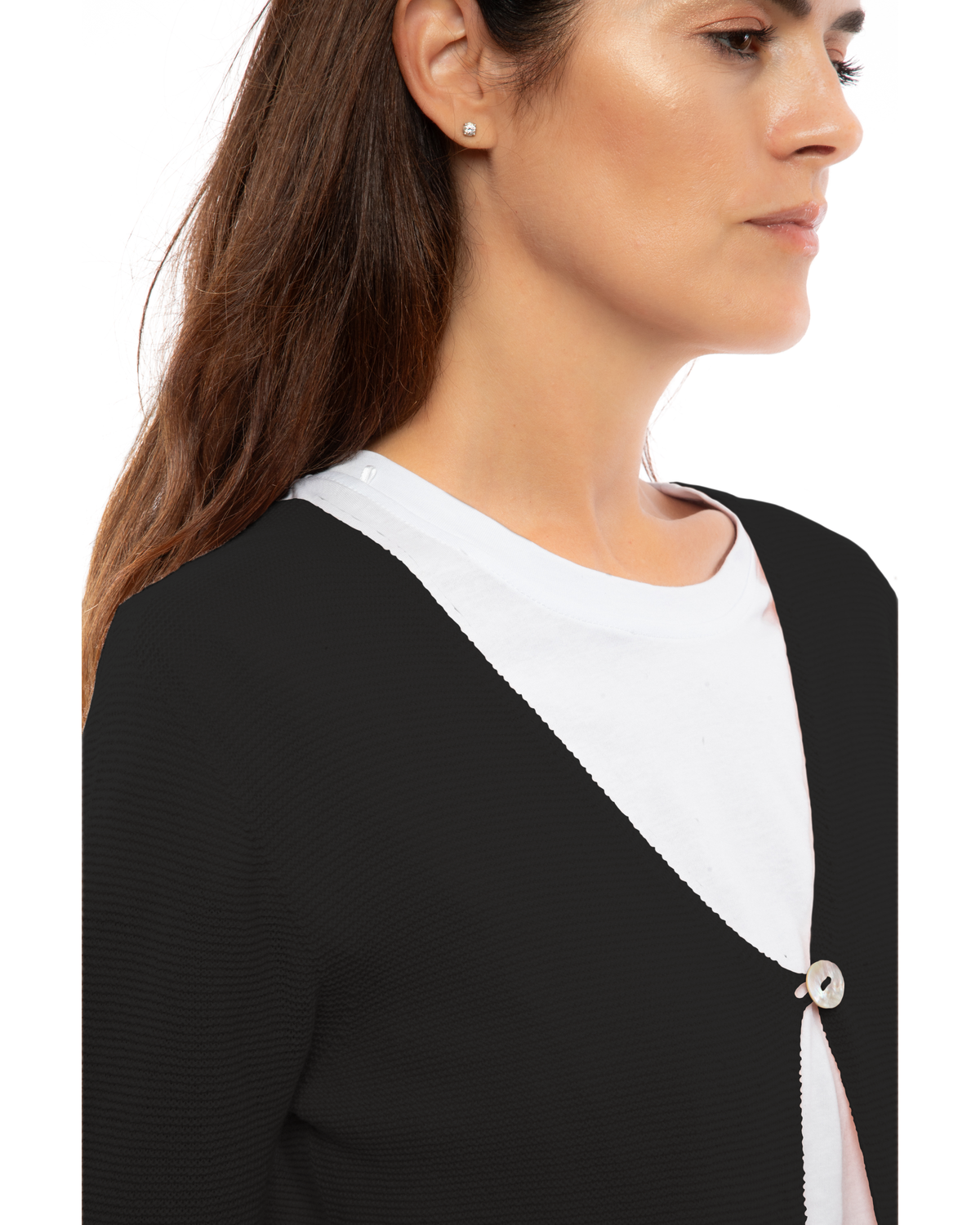 Women's cashmere links stitch duster cardigan in Black, close-up of the neckline, button and links stitch texture