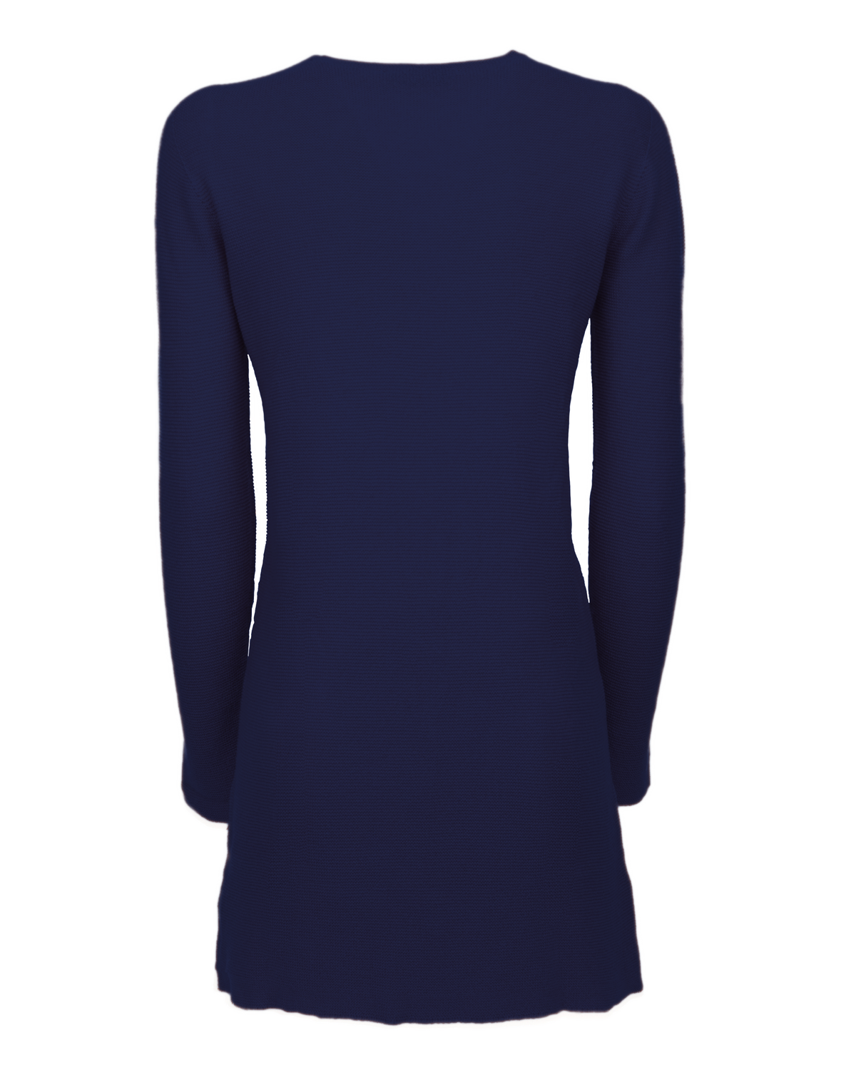 Women's cashmere links stitch duster cardigan in Blue, back garment view showing the long sleeves and hem