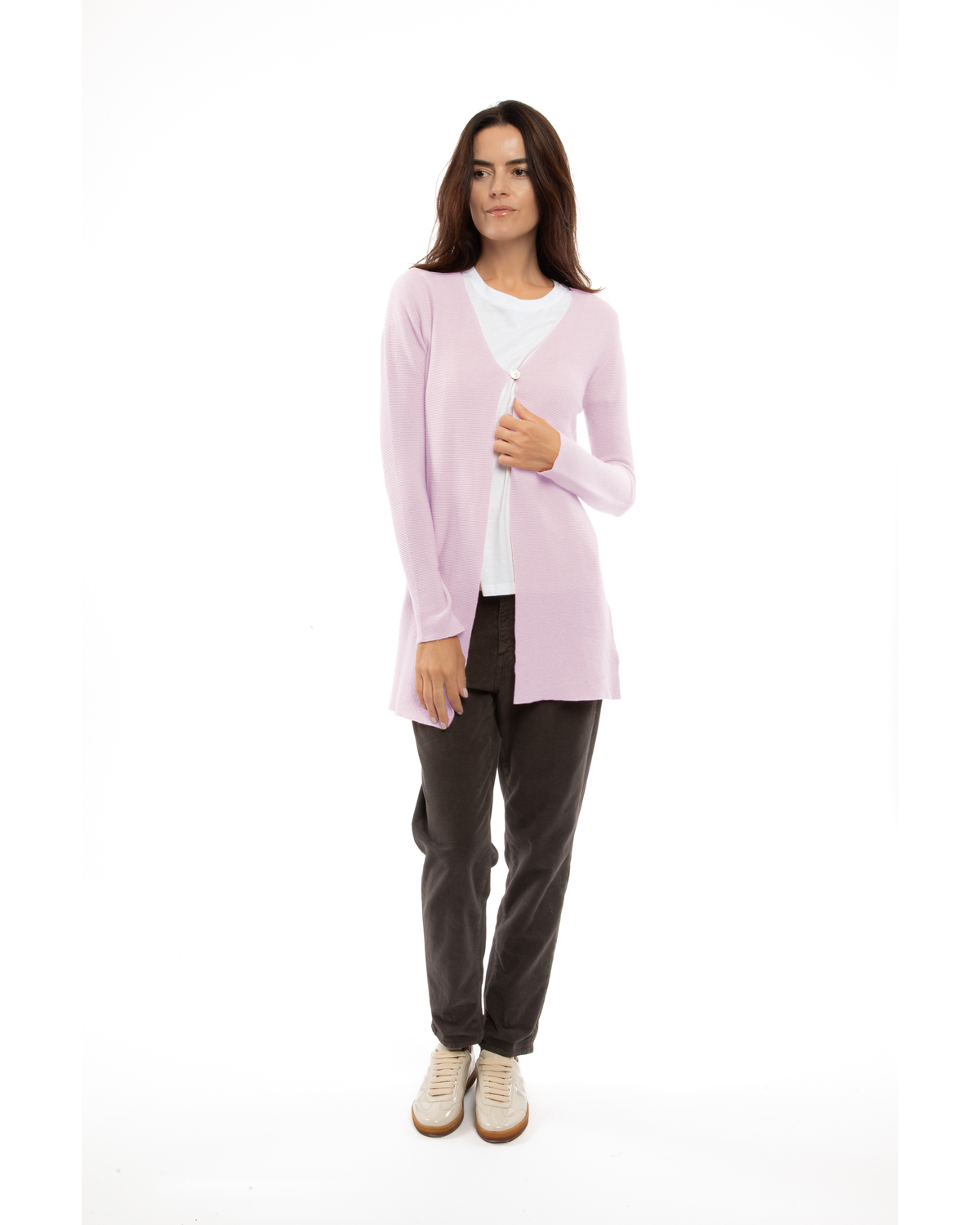 Women's cashmere links stitch duster cardigan in Lilac, full-length front view on model