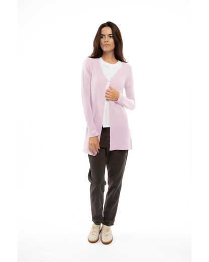 Women's cashmere links stitch duster cardigan in Lilac, full-length front view on model
