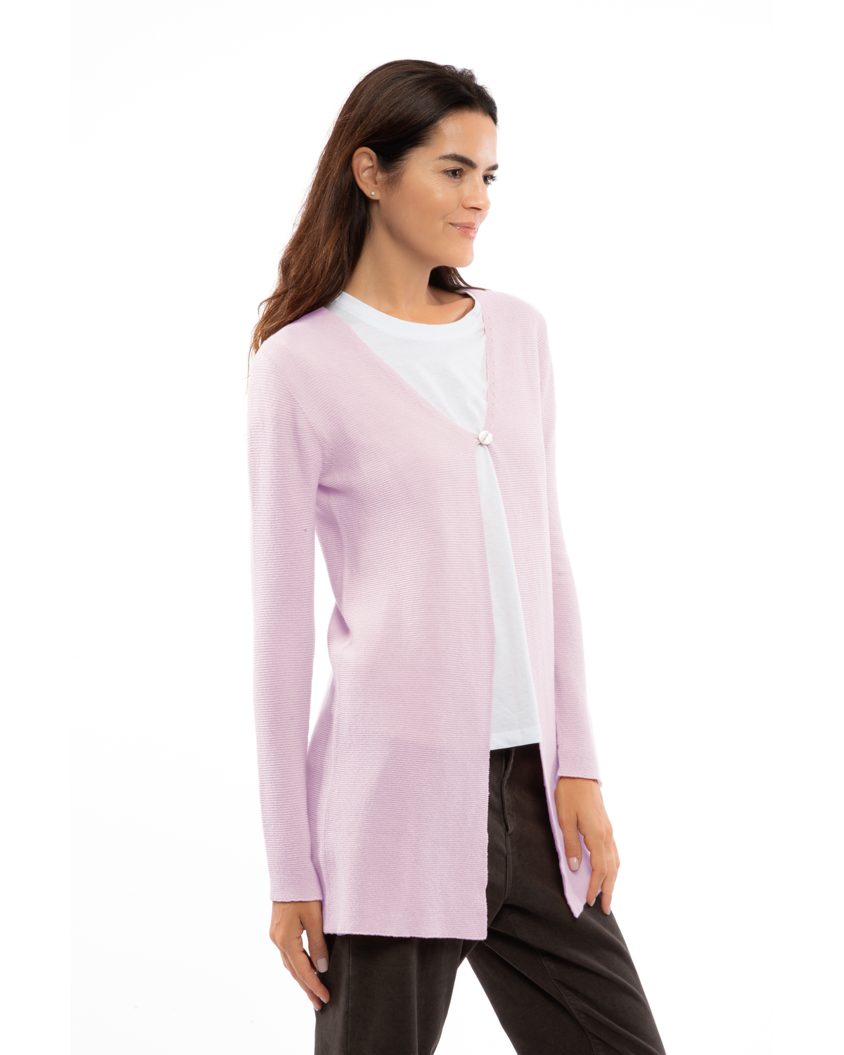 Women's cashmere links stitch duster cardigan in Lilac, three-quarter front view on model