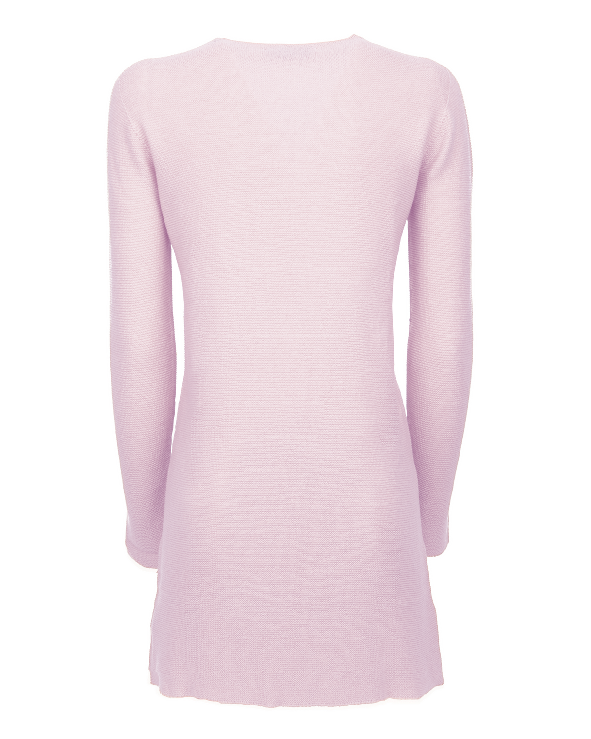 Women's cashmere links stitch duster cardigan in Lilac, back garment view showing the long sleeves and hem