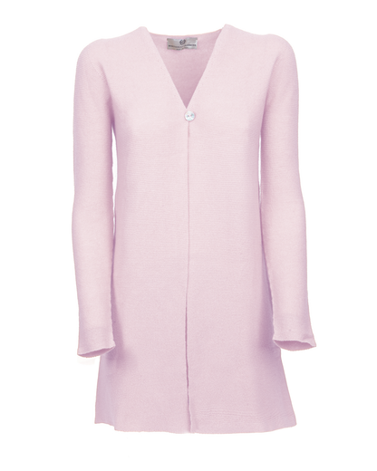 Women's cashmere links stitch duster cardigan in Lilac, front garment view showing the V neckline and single button