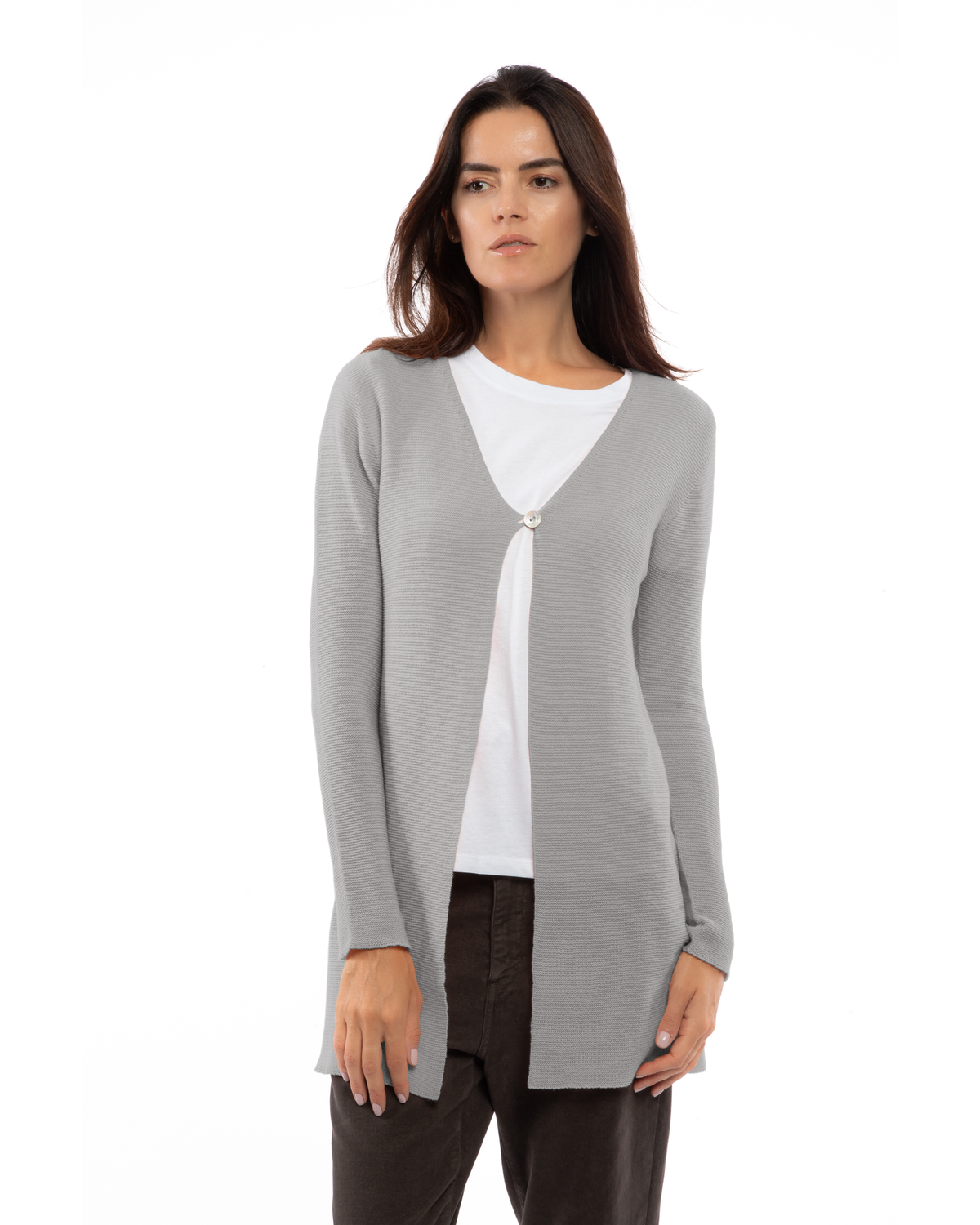 Women's cashmere links stitch duster cardigan in Medium Gray, front portrait view on model