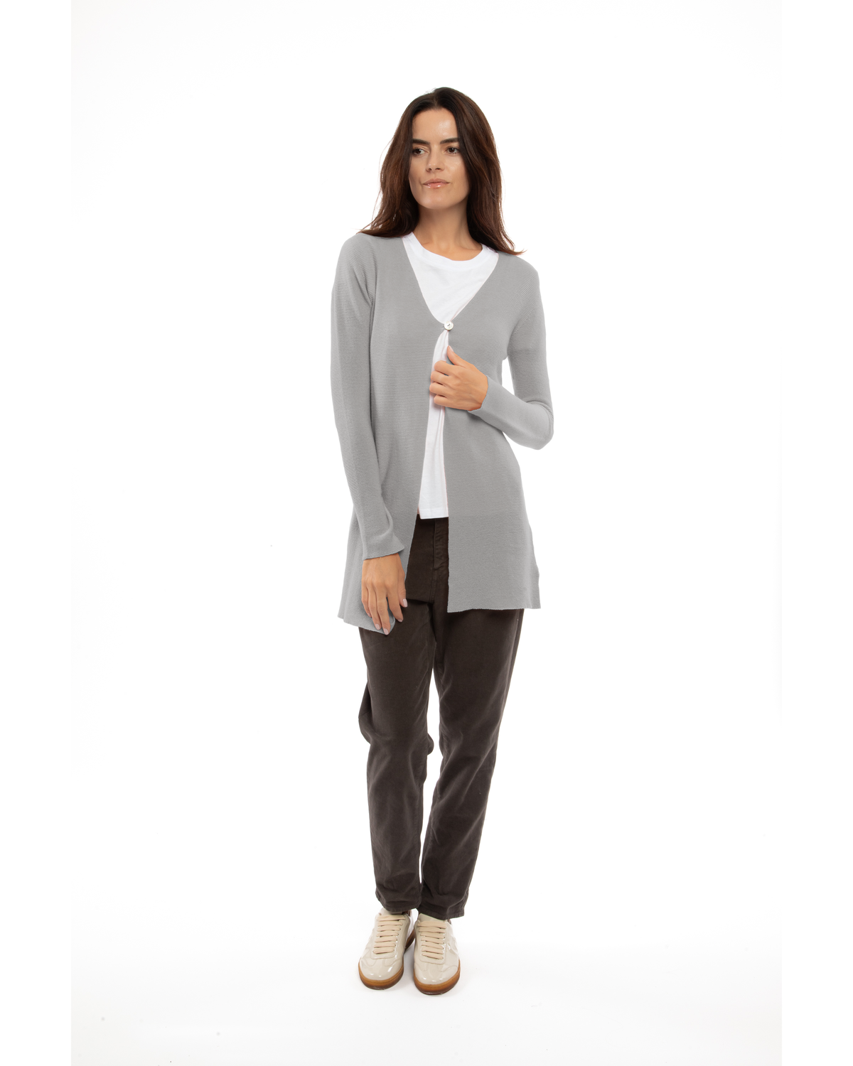 Women's cashmere links stitch duster cardigan in Medium Gray, full-length front view on model