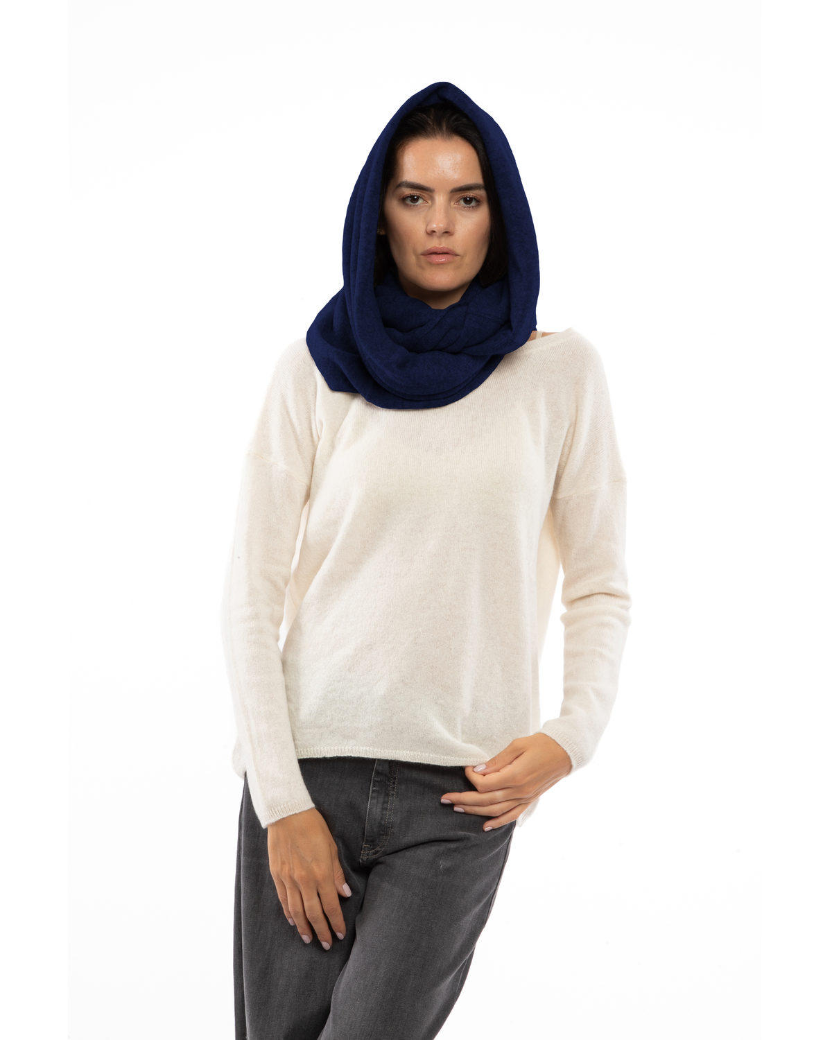 Blue maxi cashmere infinity scarf worn over the head and around the neck