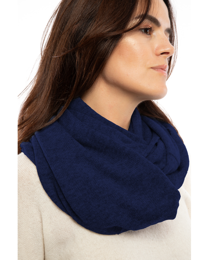 Close-up of the blue cashmere infinity scarf around the neck