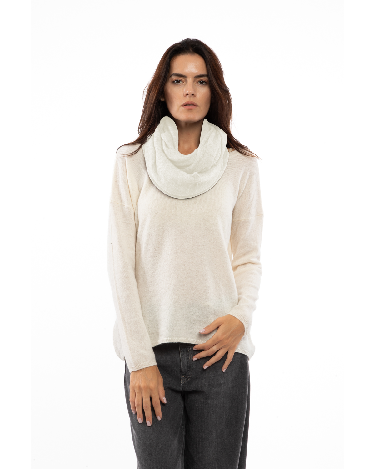 Model wearing a maxi cashmere infinity scarf in milk white, front view