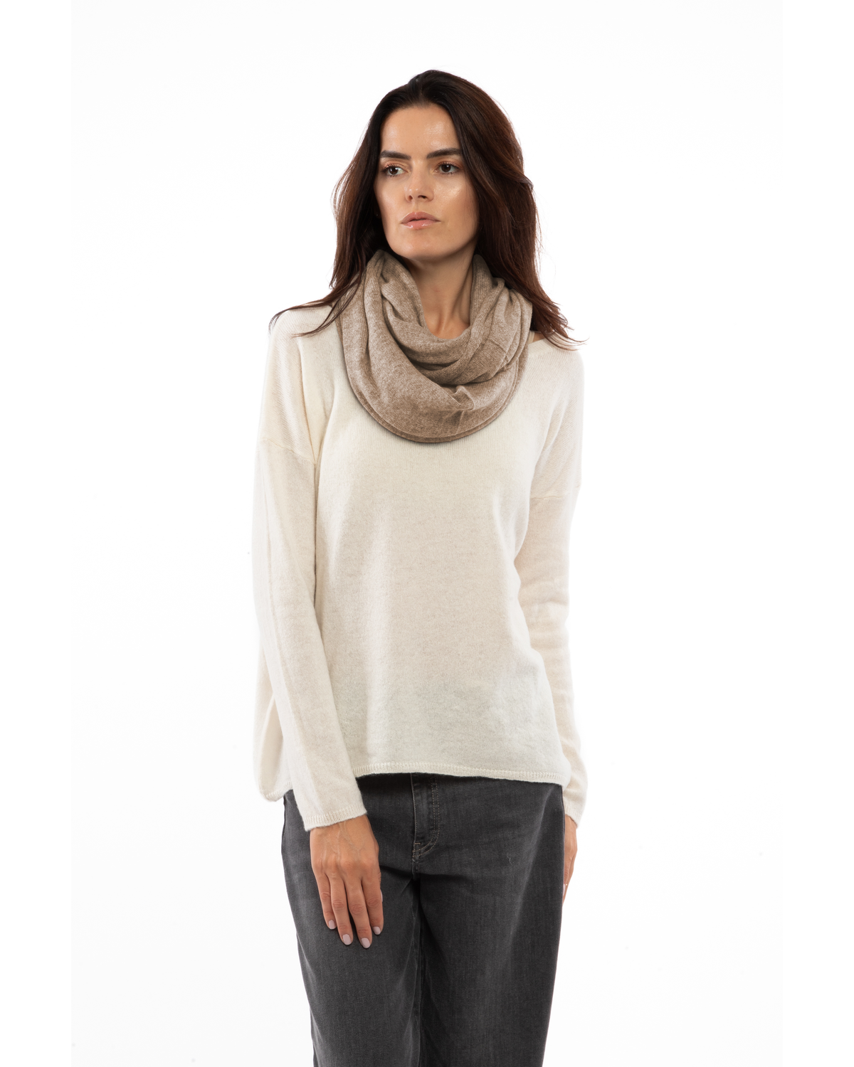 Taupe maxi cashmere infinity scarf worn around the neck