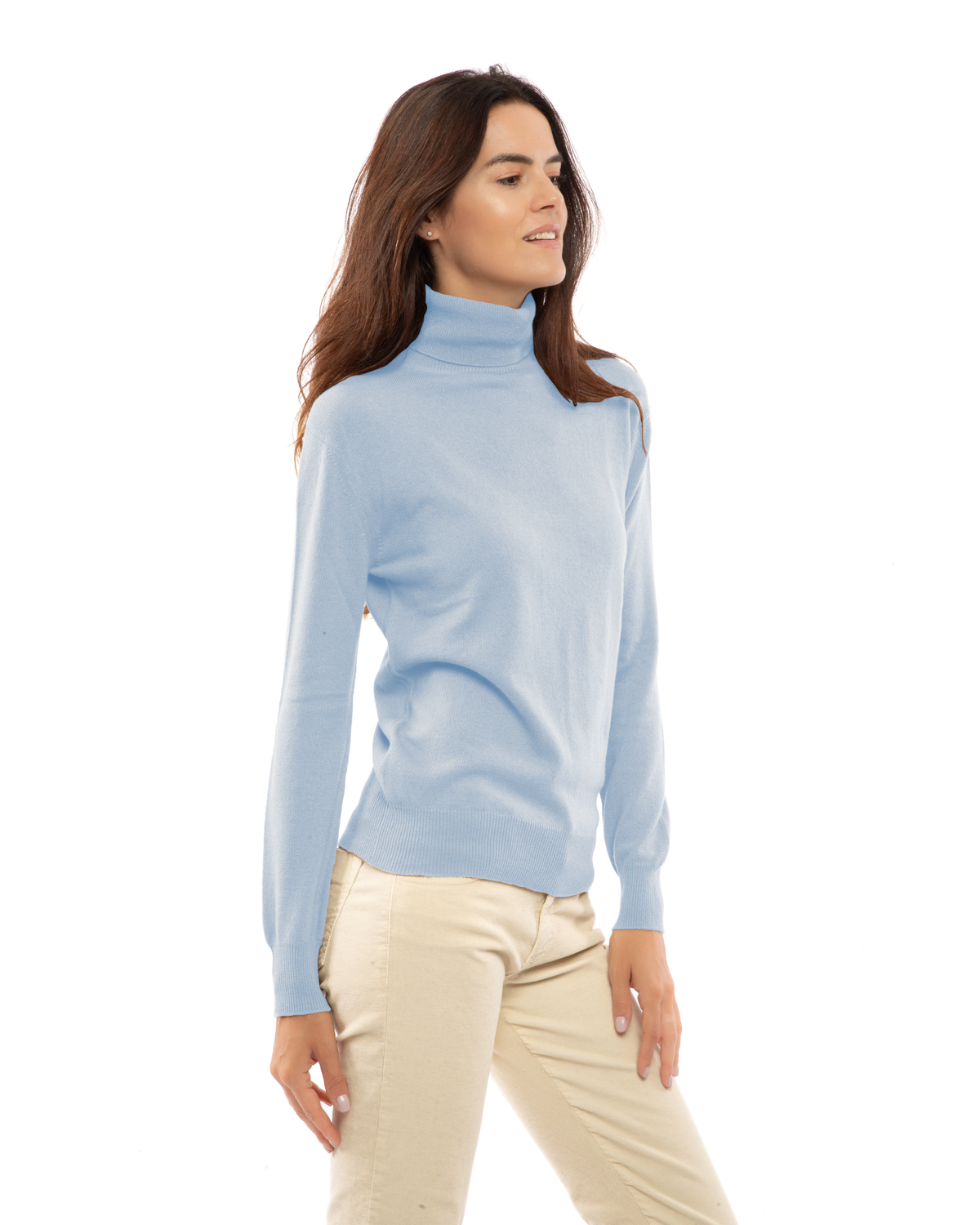 Baby Blue cashmere turtleneck sweater on a model, three-quarter front view showing the fit and sleeve length.