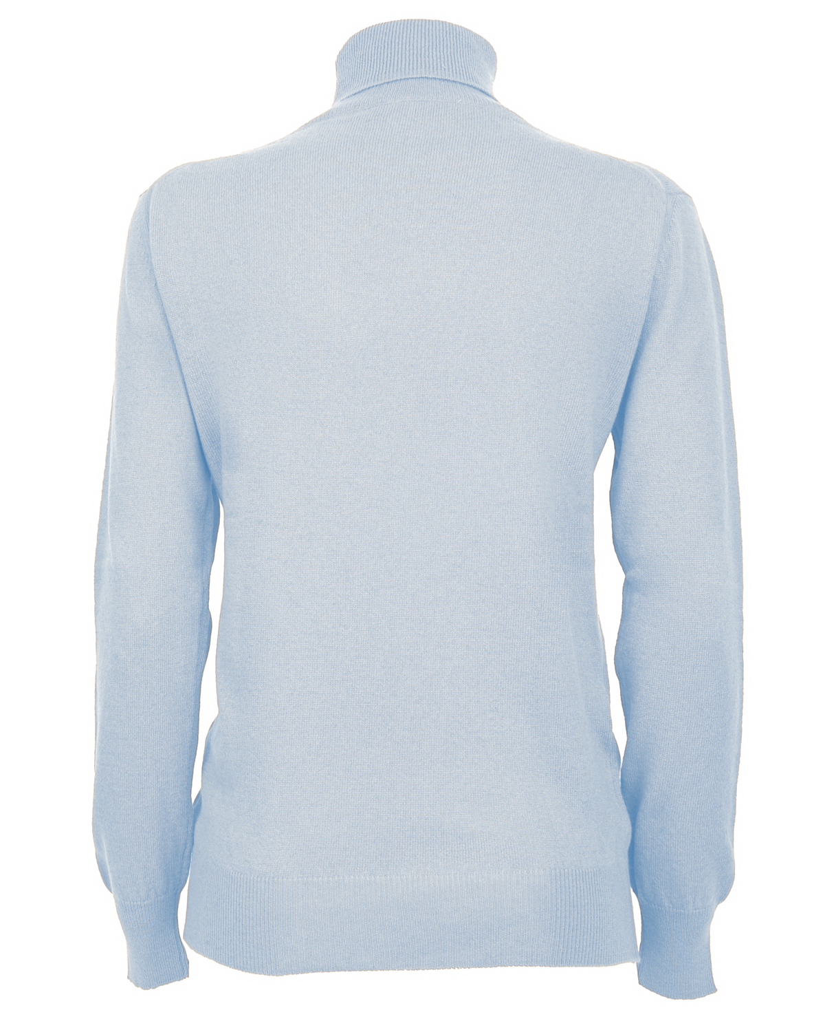 Baby Blue cashmere turtleneck sweater, garment-only back view showing the ribbed collar, cuffs and hem.