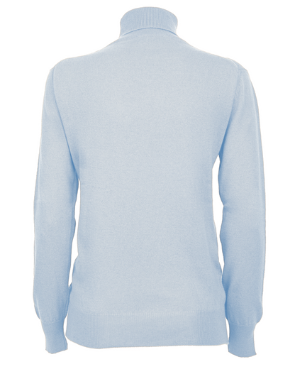 Baby Blue cashmere turtleneck sweater, garment-only back view showing the ribbed collar, cuffs and hem.