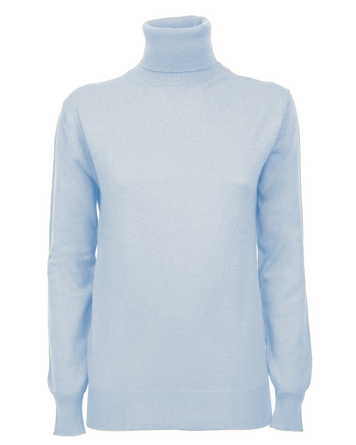 Baby Blue cashmere turtleneck sweater, front product view showing the ribbed collar, cuffs, and hem.