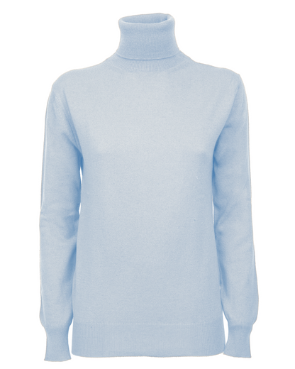 Baby Blue cashmere turtleneck sweater, front product view showing the ribbed collar, cuffs, and hem.