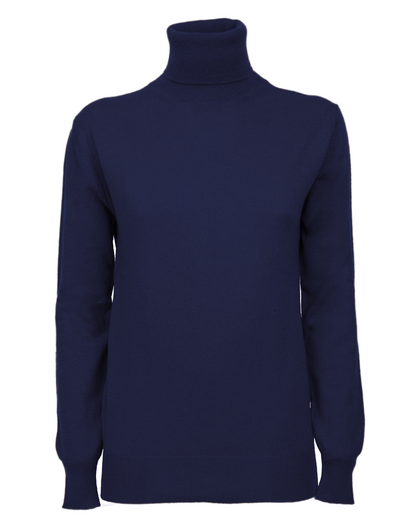 Women's cashmere turtleneck sweater in Blue, front garment view showing the turtleneck and long sleeves