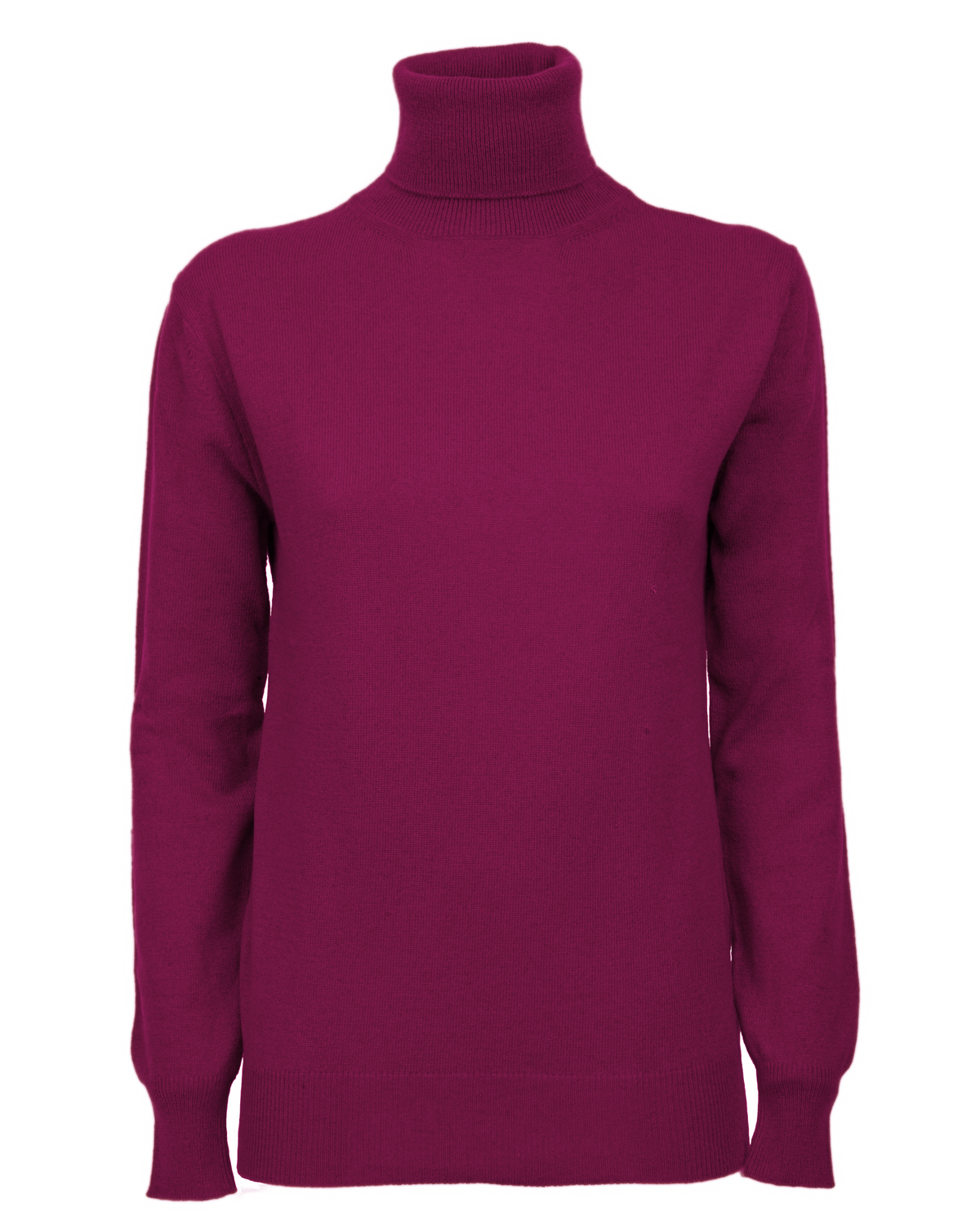Women's cashmere turtleneck sweater in Magenta, front garment view showing the turtleneck and long sleeves