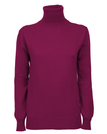 Women's cashmere turtleneck sweater in Magenta, front garment view showing the turtleneck and long sleeves