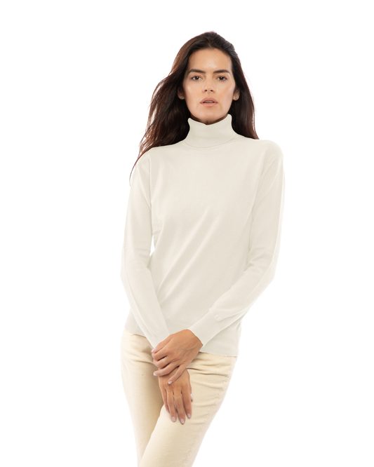 Women's cashmere turtleneck sweater in Milk White, front portrait view on model