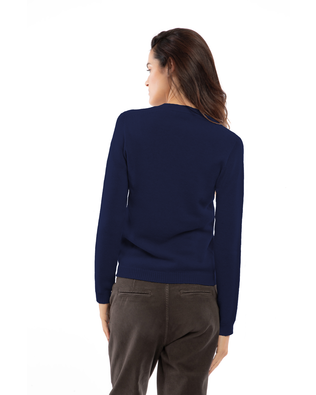 Back view of the blue cashmere scoop-neck sweater