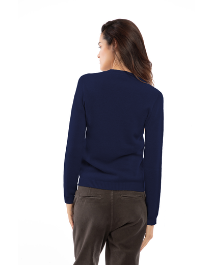 Back view of the blue cashmere scoop-neck sweater