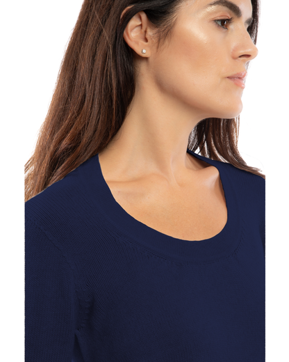 Close-up of the neckline and knit texture of the blue cashmere scoop neck
