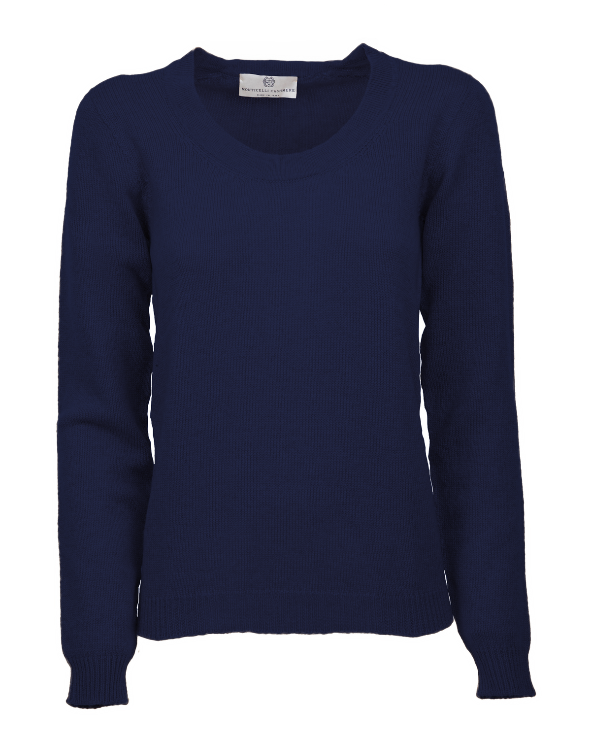 Blue ultra-light cashmere scoop neck sweater, front view.