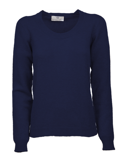 Blue ultra-light cashmere scoop neck sweater, front view.