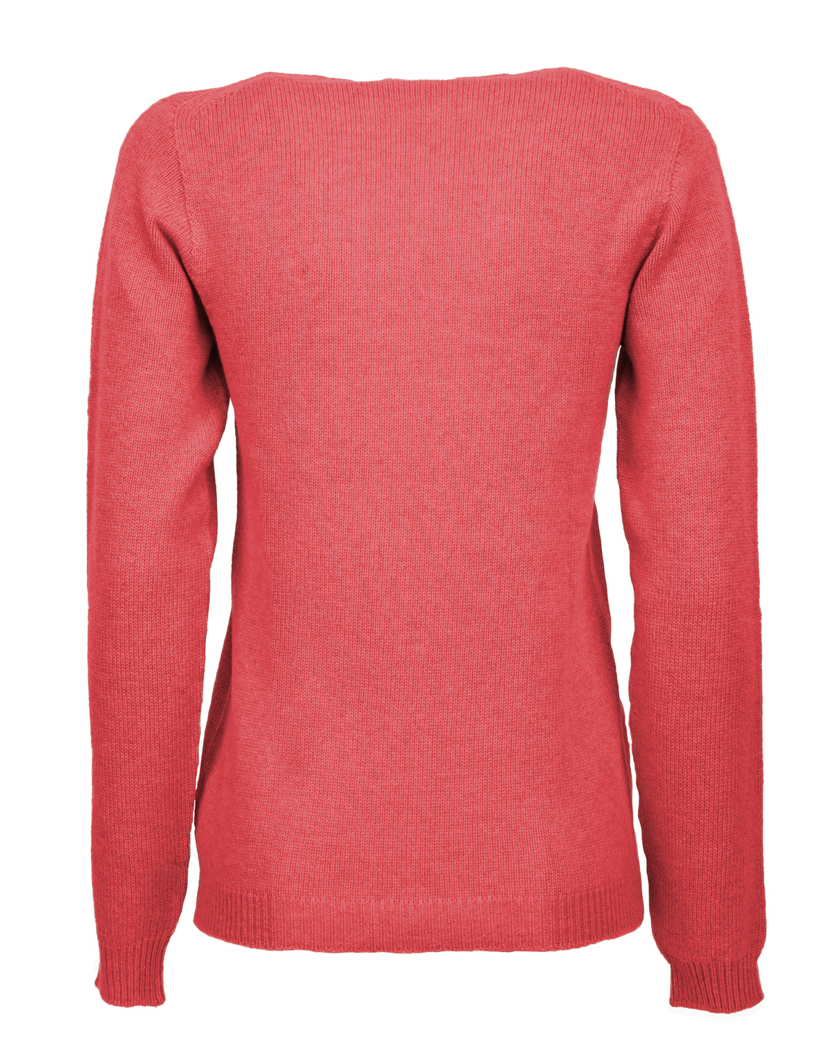 Coral red cashmere scoop neck, back view laid flat