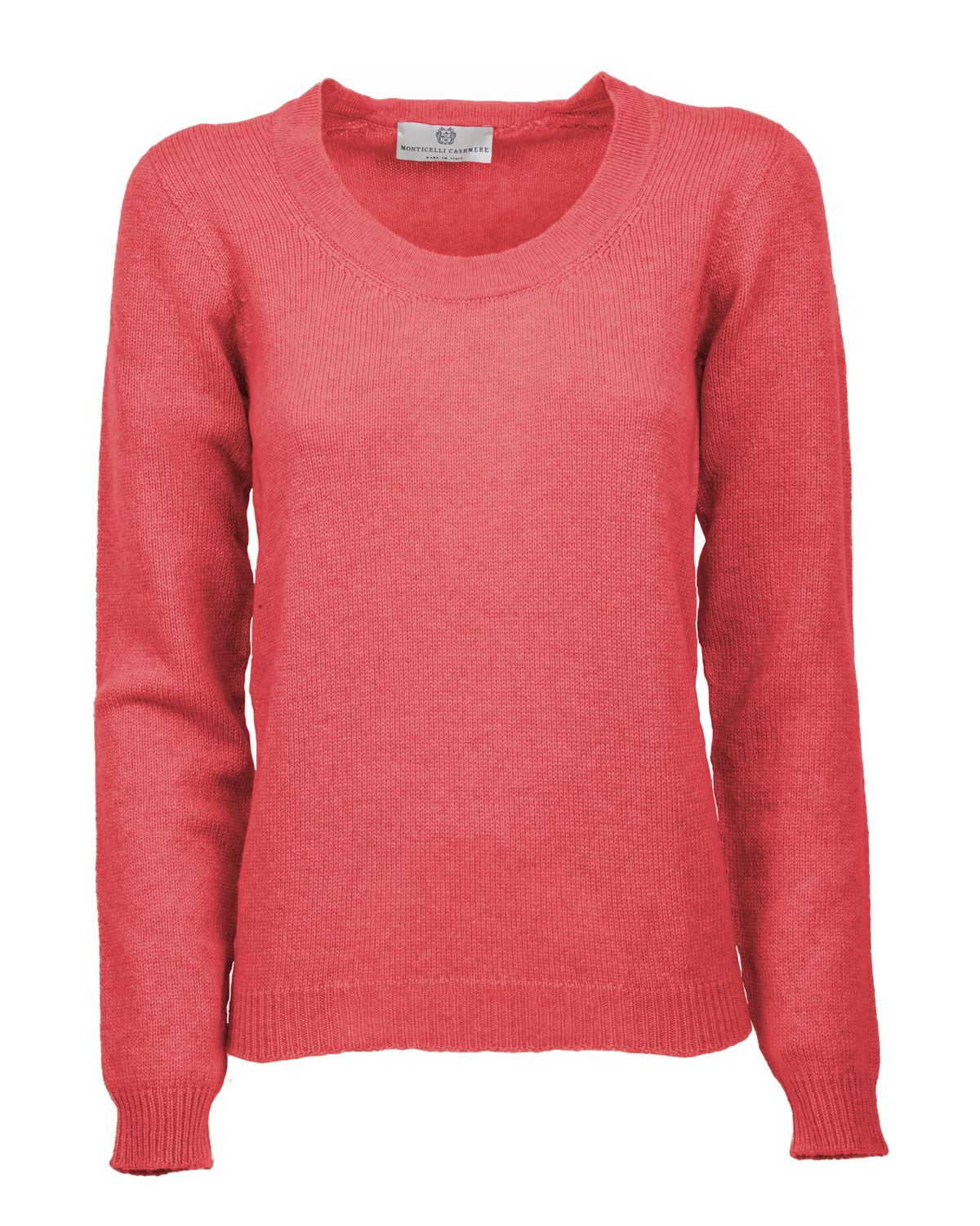 Coral red cashmere scoop-neck sweater displayed from the front